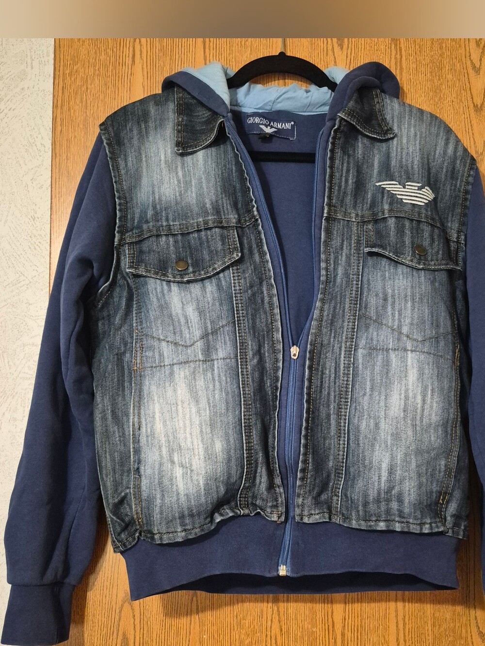 Giorgio Emperio Armani Navy Blue Denim-Look Hooded Jacket Size Small